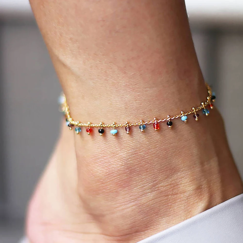 Fashion Colorful Crystal Beads Drop Anklets for Women Boho Gold Color Chain Ankle Bracelet Leg Bracelet Ocean Beach Foot Jewelry bead bracelet beads anklet fashion accessories