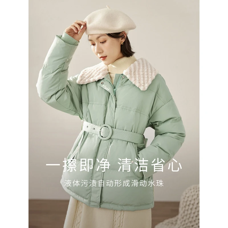 INMAN Women Down Jacket Winter Long Sleeve Plush Lapel White Duck Down Coat Adjustable Waistband Coffee Green Blue Outwear