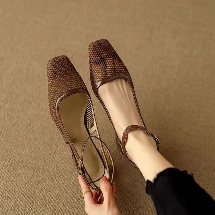 صنادل نسائية بكعب عالٍ جديدة مدببة محبوكة شبكية قا...