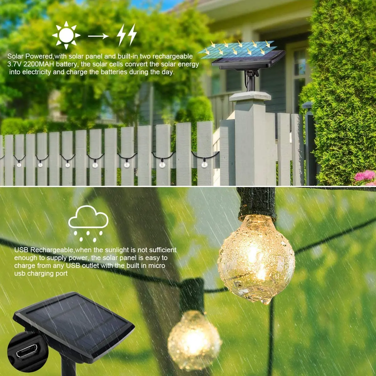 100/50/25ft Solar Led Light Outdoor G40 Plastic Bulb LED Garden Fairy Patio  String Lights Wedding Party Decoration