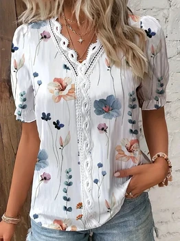 2024 Fashion Casual Vacation Shirt Women Summer V Neck Hollow Out Solid Color Blouse Female Elegant Striped Jacquard Casual Tops 1
