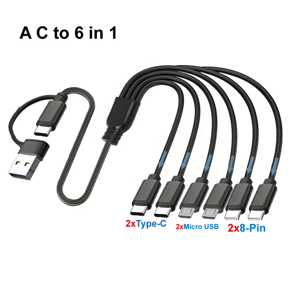 50cm 6-in-1 Universal Multi Charging Cable with USB A/C to 3-in-1 Connectors