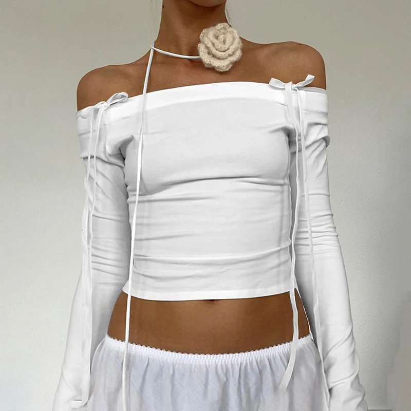 Women Off Shoulder Long Sleeve T Shirts Autumn Y2K Elegant White Crop Tops Skinny Strapless Casual Basic Tees Bow