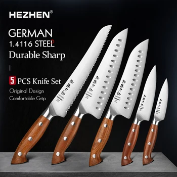 HEZHEN 1PC o 5PC Set di coltelli da cucina 1.4116 acciaio Manico in legno rosso Strumenti di cottura Lama centrale Coltello da cucina Accessori Scatola di imballaggio 1