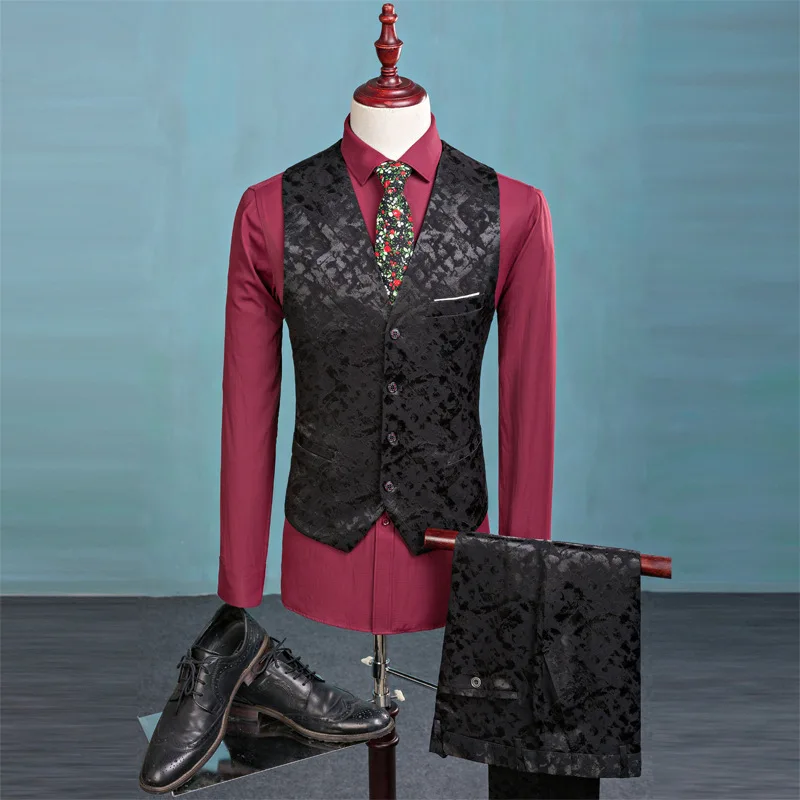 Boutique Jacquard Men's Suit Black Blue Single Breasted Wedding Banquet High Quality Male Jacket 3 Piece Set (Blazer+Vest+Pants)