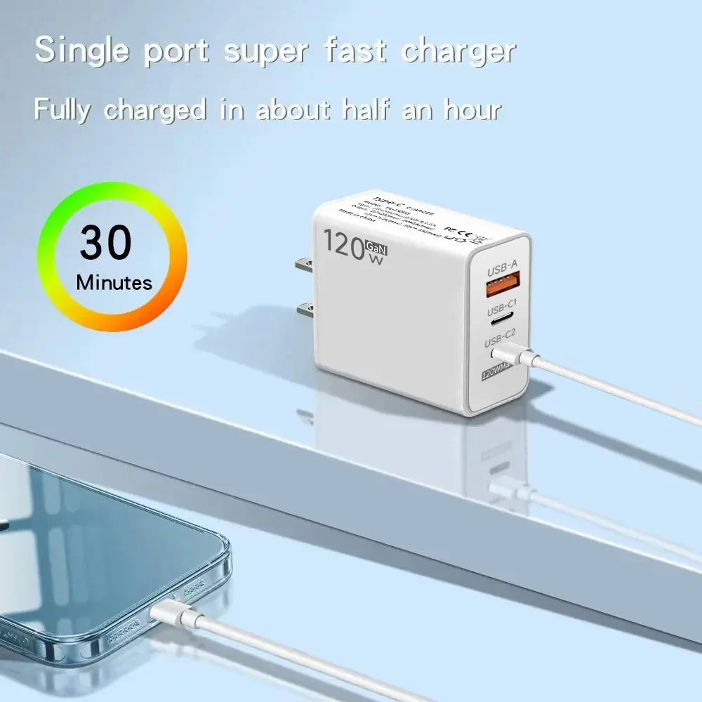 120W PD QC3.0 Fast Charger Adapter 3 Ports USB-C Multi-Device Charging Wall Plug for iPhone 15 16 Samsung Xiaomi Dropshipping