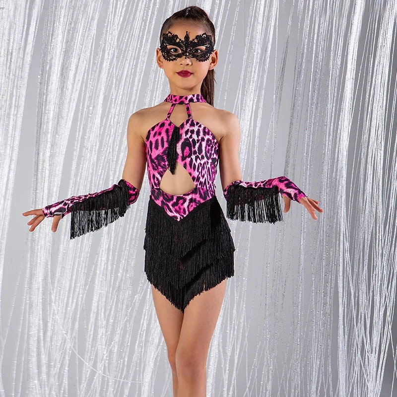 

New Girls Leopard Latin Tassels Dress Chacha Samba Salsa Dance Costume Children'S Stage Ballroom Dance Performance Wear SL8172