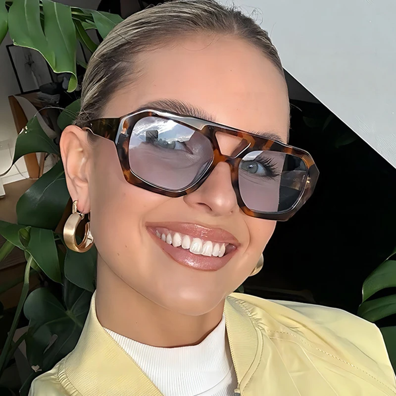 Mode Pilot Übergroße Sonnenbrille Für Frauen Neue Doppel Brücken Sonnenbrille Weibliche Retro Quadrat Leopard Lila Brillen Trendy