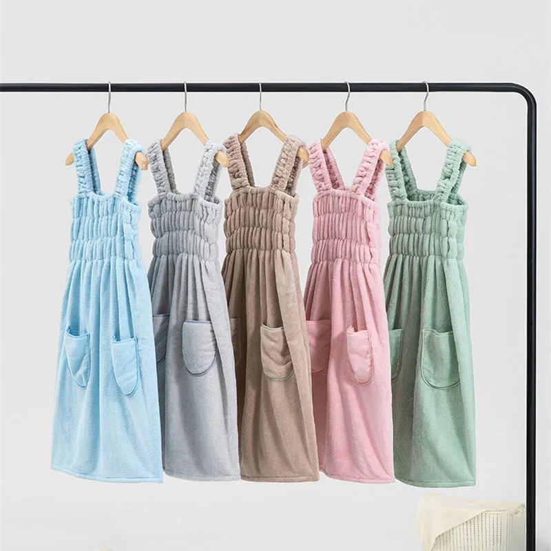 Women Bathrobe Pajamas Wearable Beach Bath Towel Women Absorbent Bathrobe Bath Skirt Coral Fleece Dress