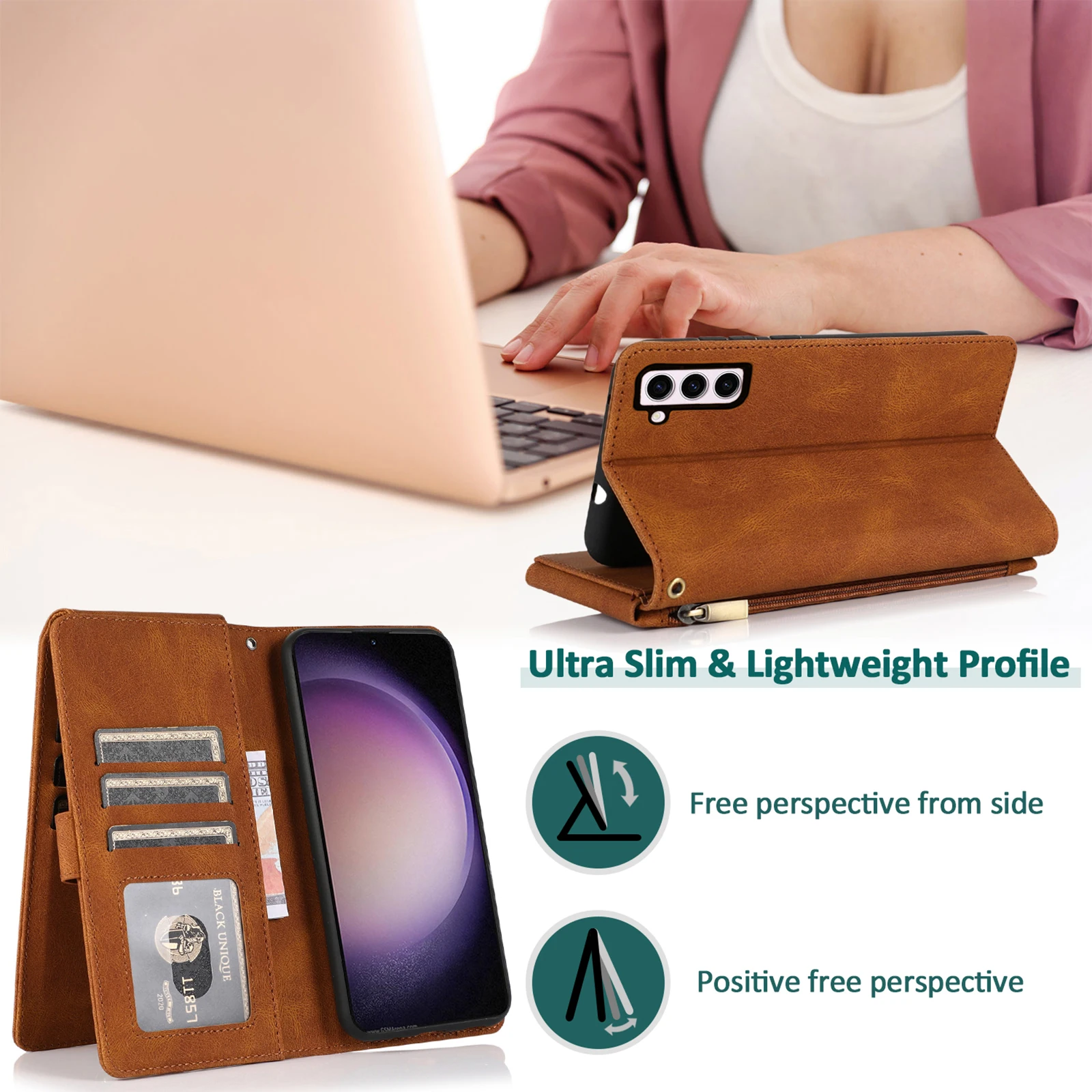Luxurious Flip Cover Leather Wallet Phone Case with Zip Pocket and Vertical Stand