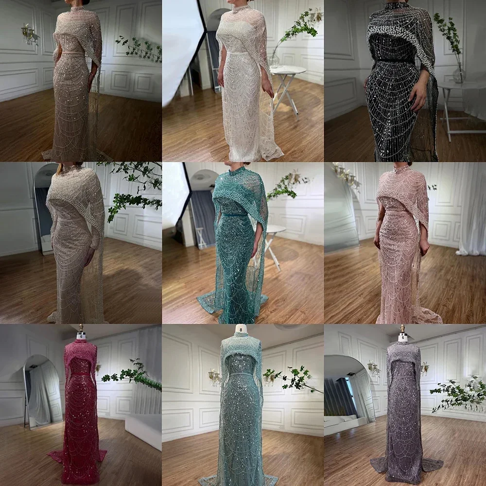 Evening Dresses Arabia Nude Mermaid Long Cape Luxury Evening Dresses for Formal Occasion
