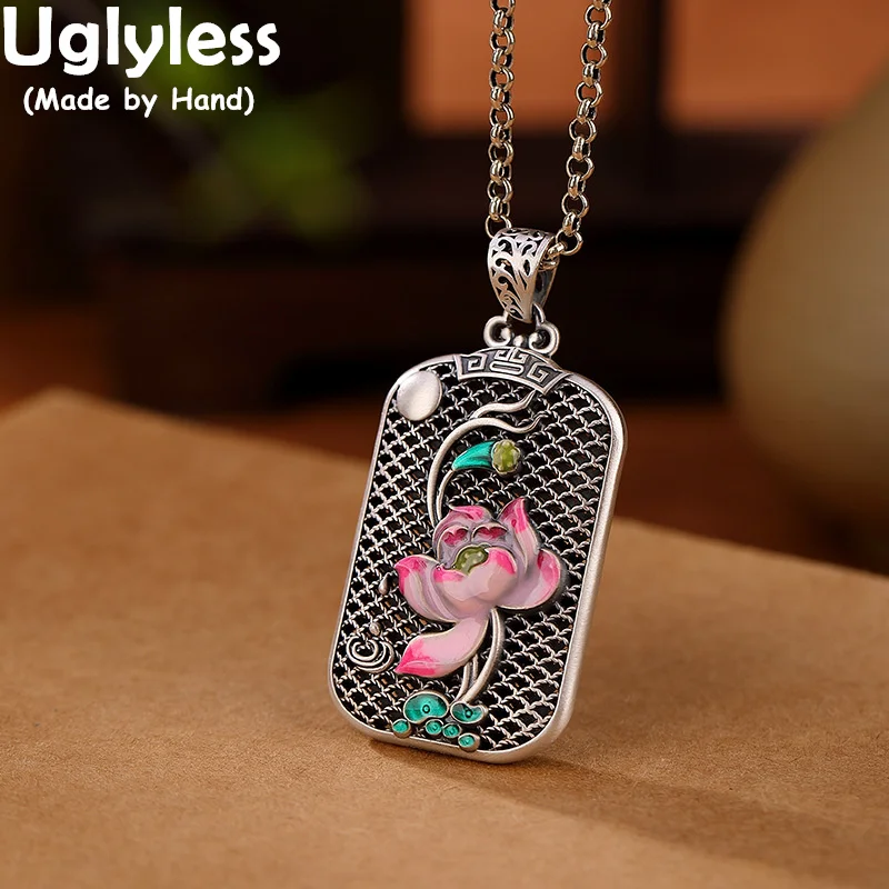 

Uglyless Real 999 Full Silver Square Hollow Pendants Necklaces for Women Ethnic Enamel Colorful Silver Lotus Necklaces NO Chains