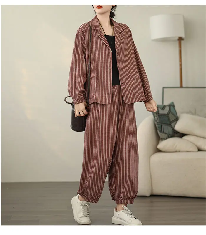 Retro Stripe Cotton And Linen Suit 2024 Women's Autumn Temperament Casual Wide Leg Harem Pants Loose Oversized 2 Piece Set K2478
