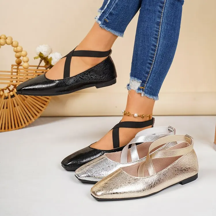 2026 New Square Toe Women‘s Low Heels New Luxury Elastic Band Shoes Elegant Loafers Comfortable Outdoor Women Single Shoes