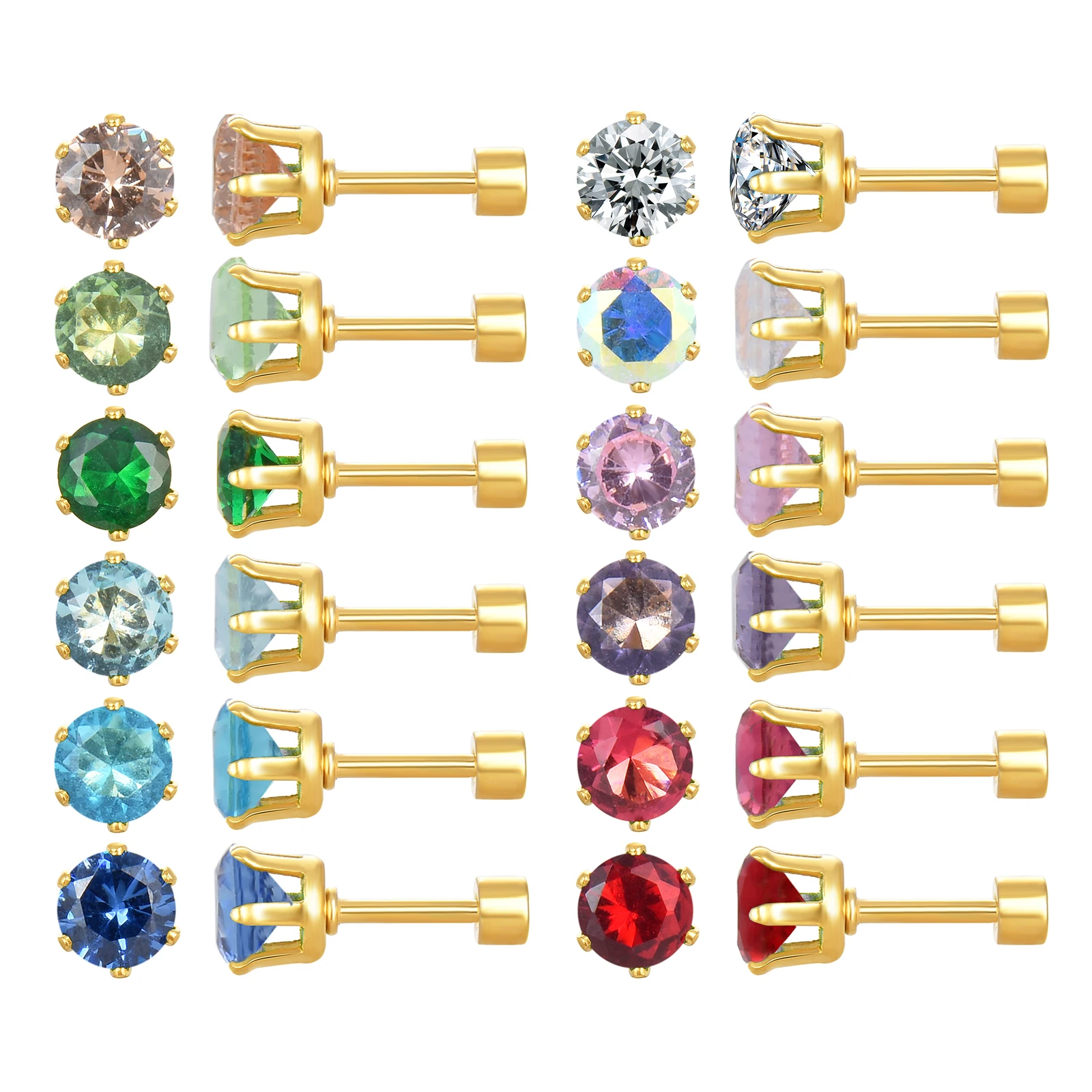 12 Pairs 18k Gold Plated Surgical Stainless Steel Stud Earrings, Flat Back Screw Cubic Zirconia