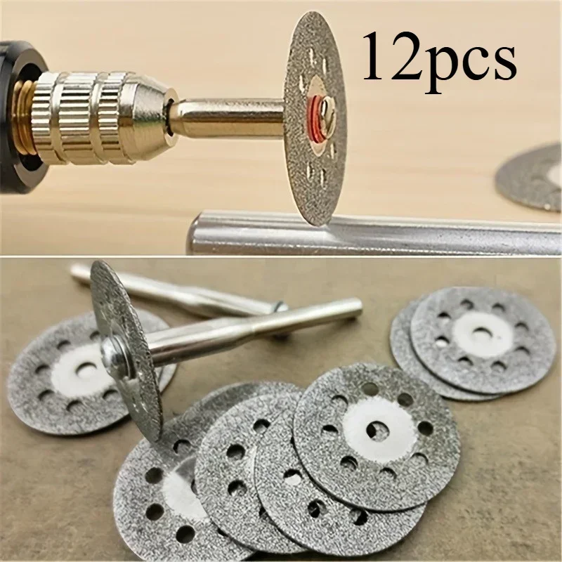12pcs 22mm Diamond Cutting Disc 3mm Grinding Wheel Mandrel for Metal Cutting Rotary Tool Electric Grinder Parts 2030