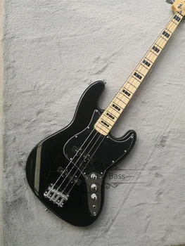 Classic black bass, 4 strings electric bass, solid wood body, maple neck, fixed bridge, black guard , chrome tuner