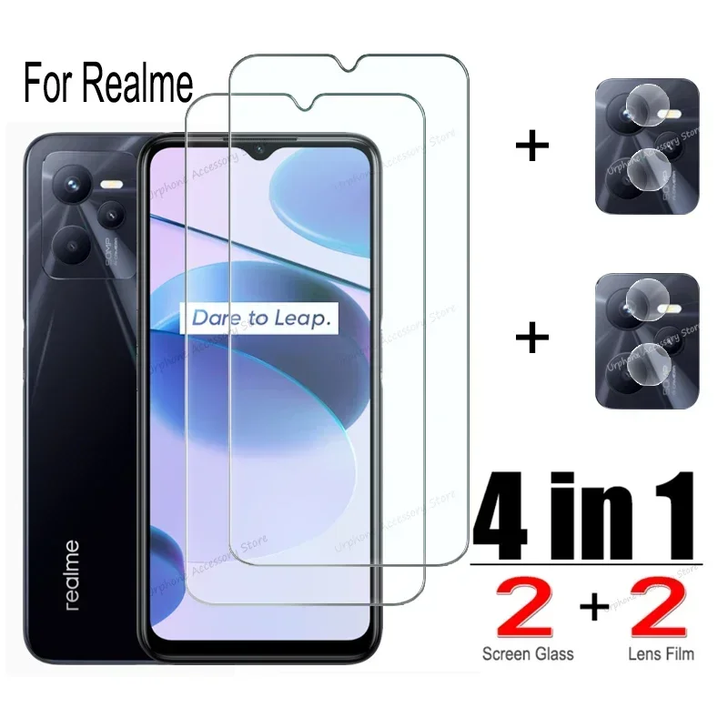 

4 в 1 HD закаленное стекло для Realme C33 C35 C3 C30S C31 C11 2021 C12 C15 C17 C21Y C25Y C30 C53 C55 Защитная пленка для экрана