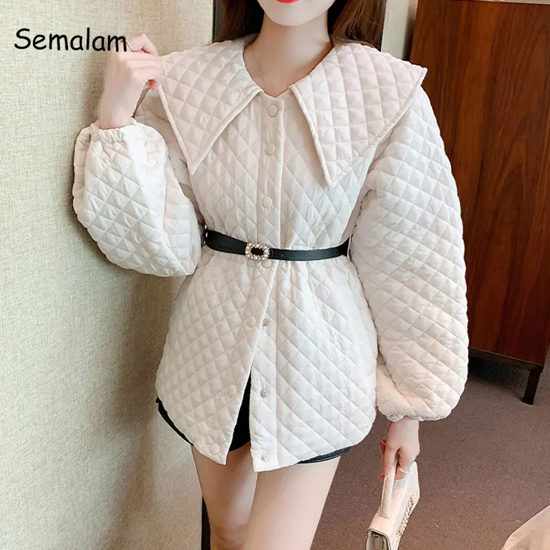 

Vintage Long Sleeve Parka Single-breasted Belt Outerwear 2022 Elegant Winter Padded Jacket Women Lingge Quilted Doll Collar Coat