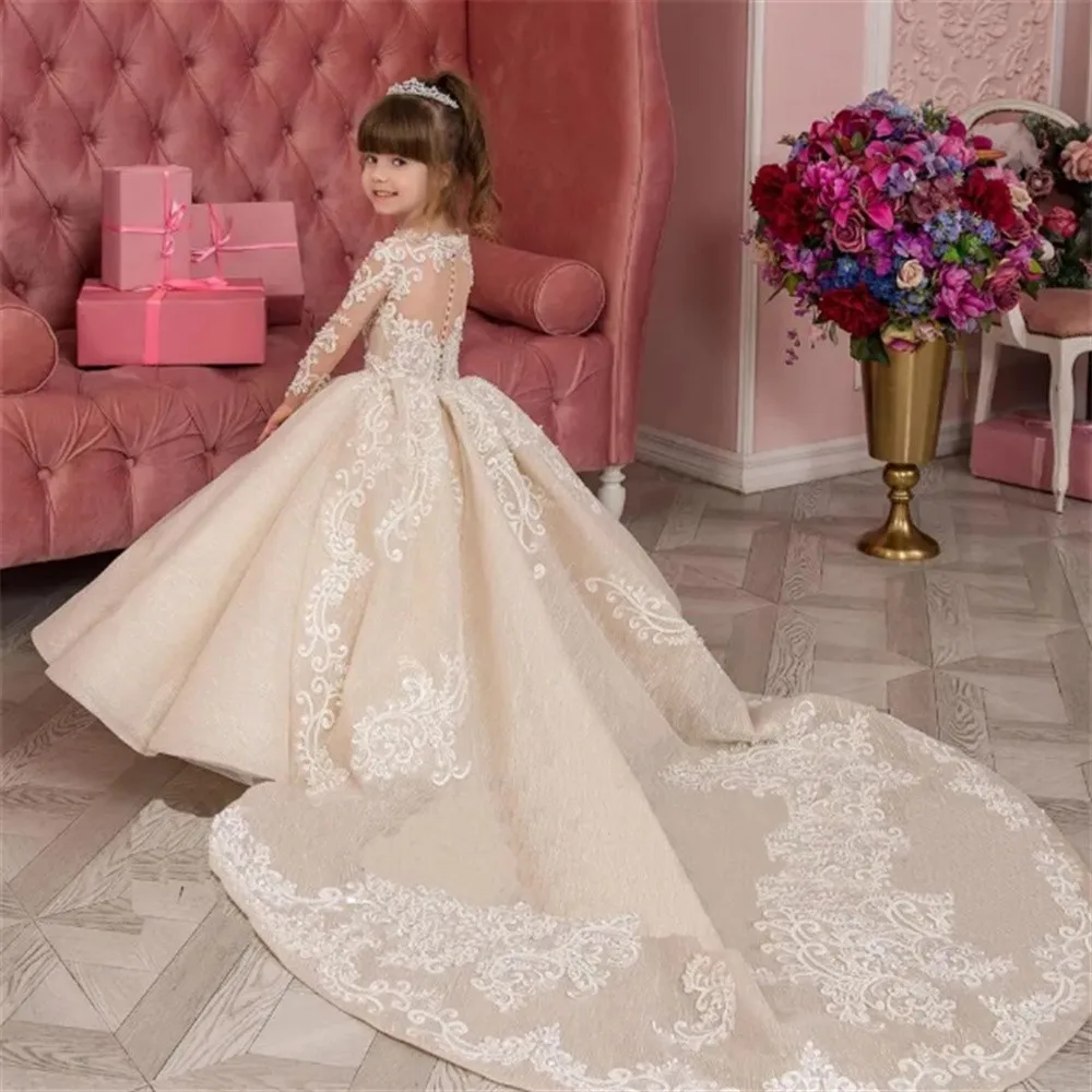 

Lovely Flower Child Dress Ivory Fluffy Satin Long-sleeved Lace Wedding Elegant Little Flower Child First Communion Customized