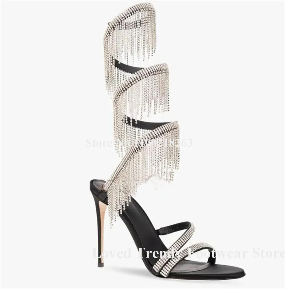 Bling Bling Rhinestones Tassels Snake Shaped Straps Thin Heel Gladiator Sandals Crystals Chains Stiletto Heel Sandals