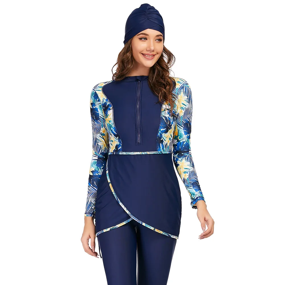 New Muslim swimsuit long sleeved pants three piece set with conservative sun protection and chest pad