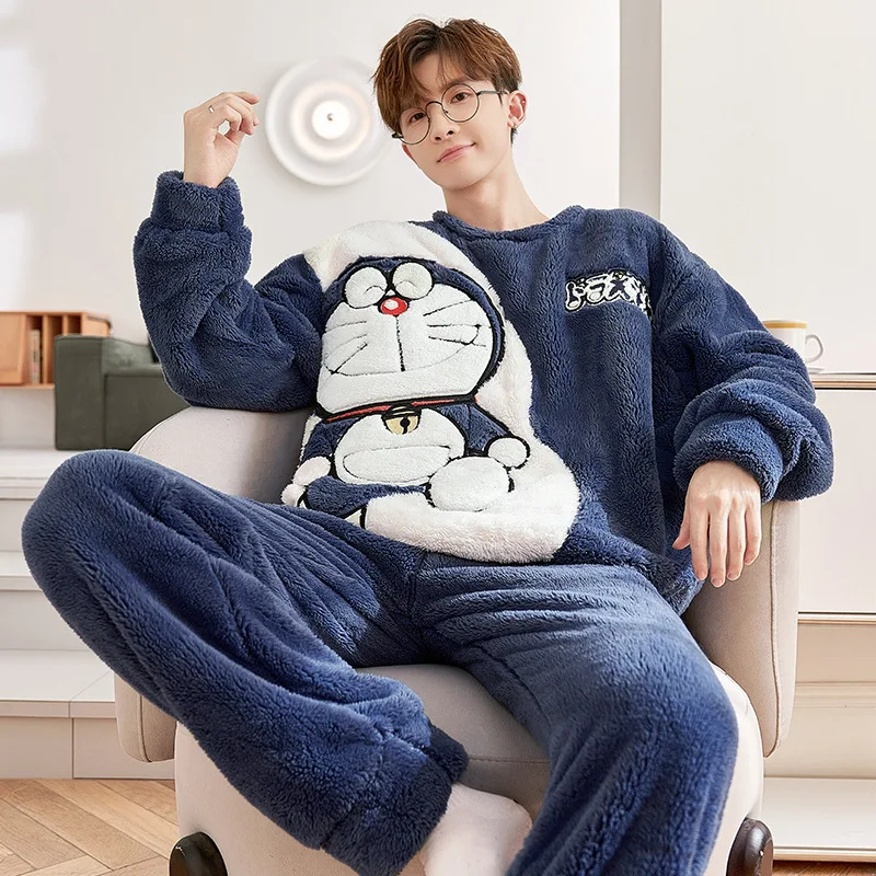 Winter Men's Coral Velvet Thickened Plush Warm Pajamas Round Neck Long Sleeve Pullover Cartoon Flannel Home Clothing Set