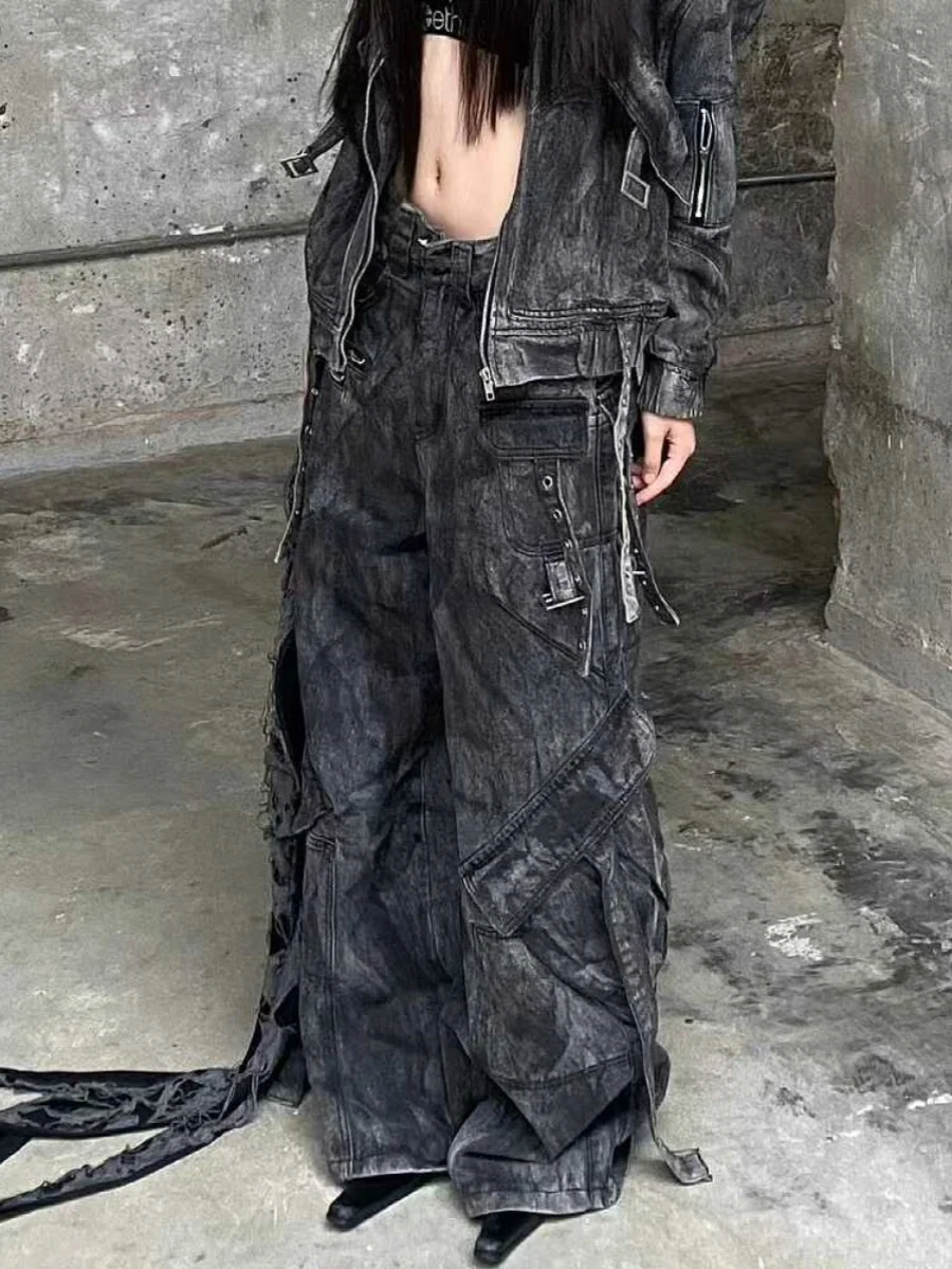 American Sle Loose Fit Zipper Multi-ket Design Heavyweight Straight Leg Micro Flared Workwear Denim Jeans for Men