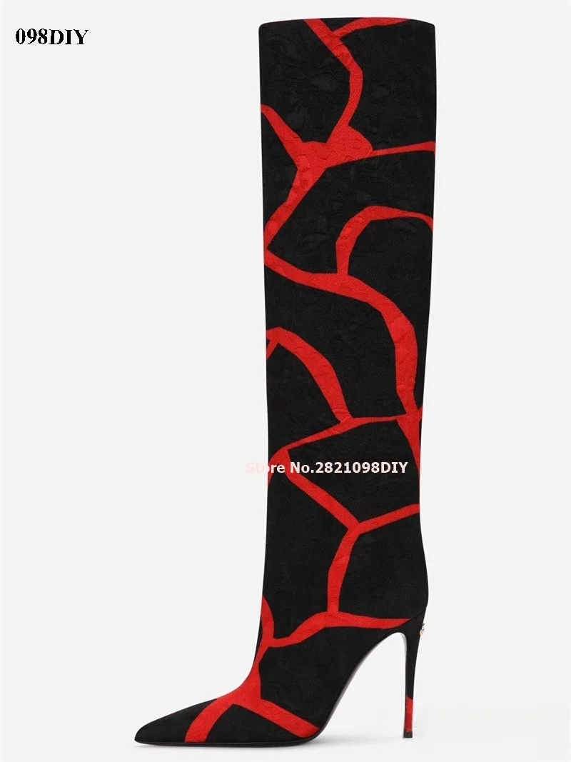 

Women's Red Giraffe Print Brocade Thin High Heel Pointy Toe Boots Women Black Red Mixed Color Stiletto High Heel Long Bota