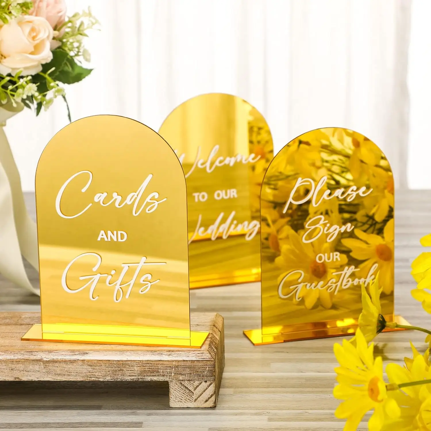 Set of 4 Wedding Signs,Gold Mirror Acrylic Signage,Guest Book Sign,Loving Memory Sign,Cards & Gifts Sign,Gold Mirror Table Decor
