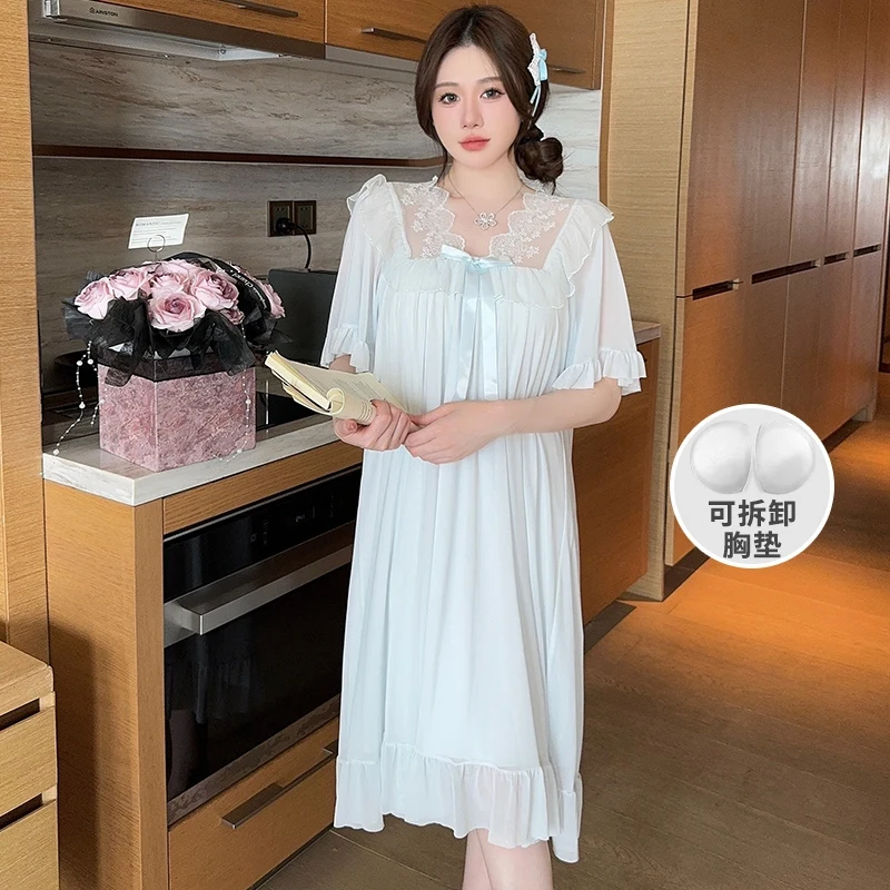Hot Summer Sweet Lace Princess Short Sleeve Cotton Nightgowns for Women Korean Cute Sleepwear Night Dress Nightdress Home Nighty