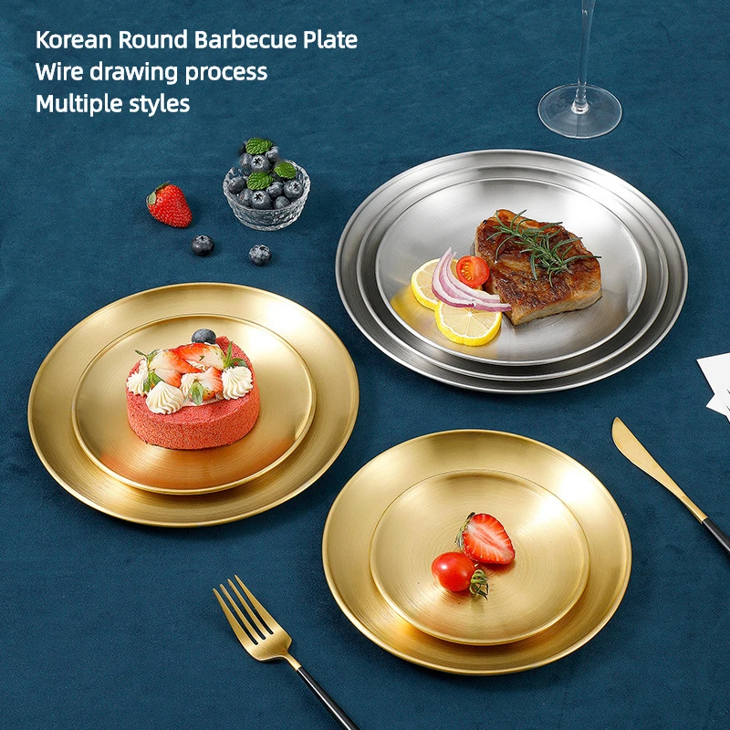 

304 Stainless Steel Plate Barbecue Simple Buffet Plate Korean Style Metal Tray BBQ Dish Fruit Dessert Plate Kitchen Supplies
