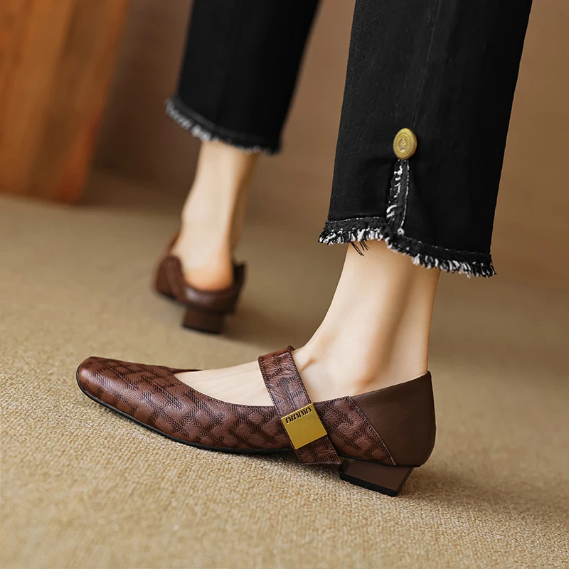 

2024 new spring women pumps natural leather shoes 22-24.5cm Plaid pattern sheepskin+pigskin square toe buckle Mary Jane shoes