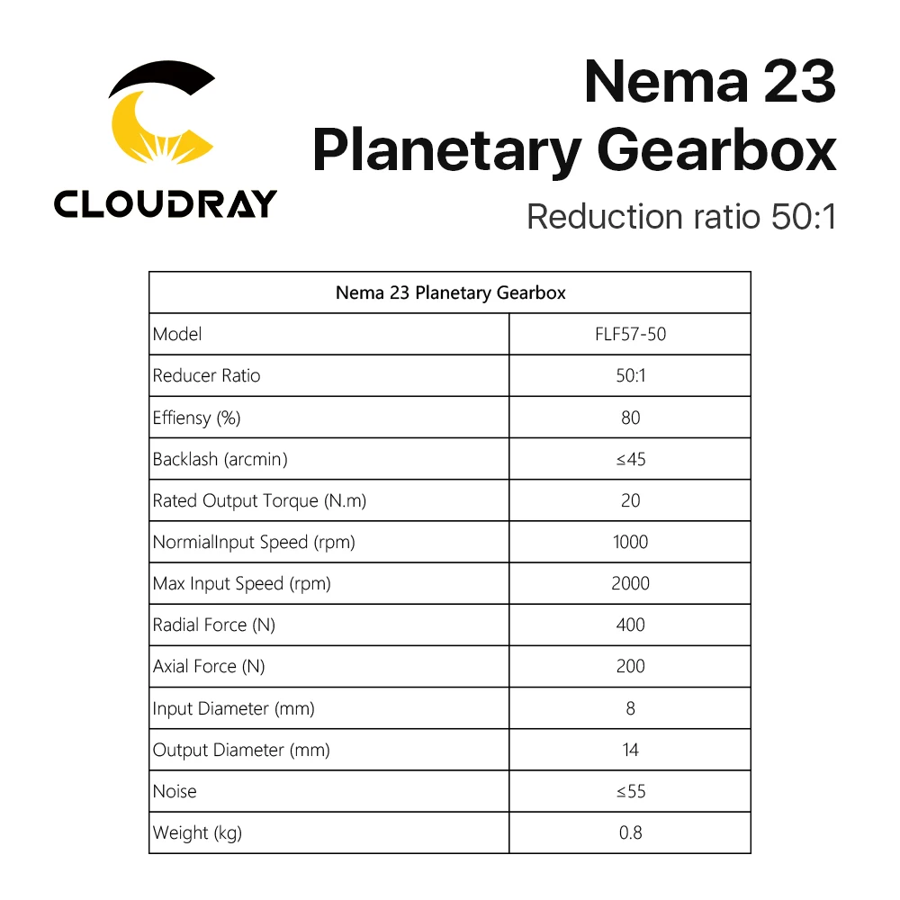 Cloudray 유성 기어 박스 모터 감속기, 비율 50:1, Nema23 스텝퍼 모터용 8mm 입력