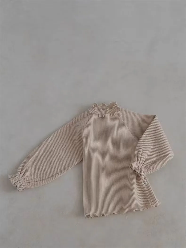 Spring Toddler Ruffle Turtleneck Long Sleeve Bottoming Shirt Boy Girl Baby Solid Ribbed T-shirt Infant Cotton Casual Tops