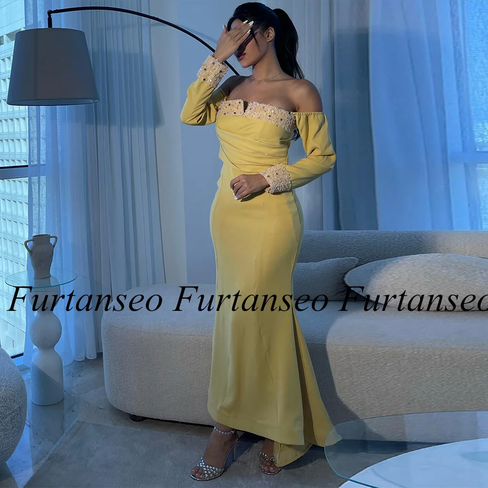 

Yellow Prom Dress Saudi Arab Party Dresses Boat Neck Long Sleeve Beading Sequined Mermaid Formal Evening Gown Custom Size