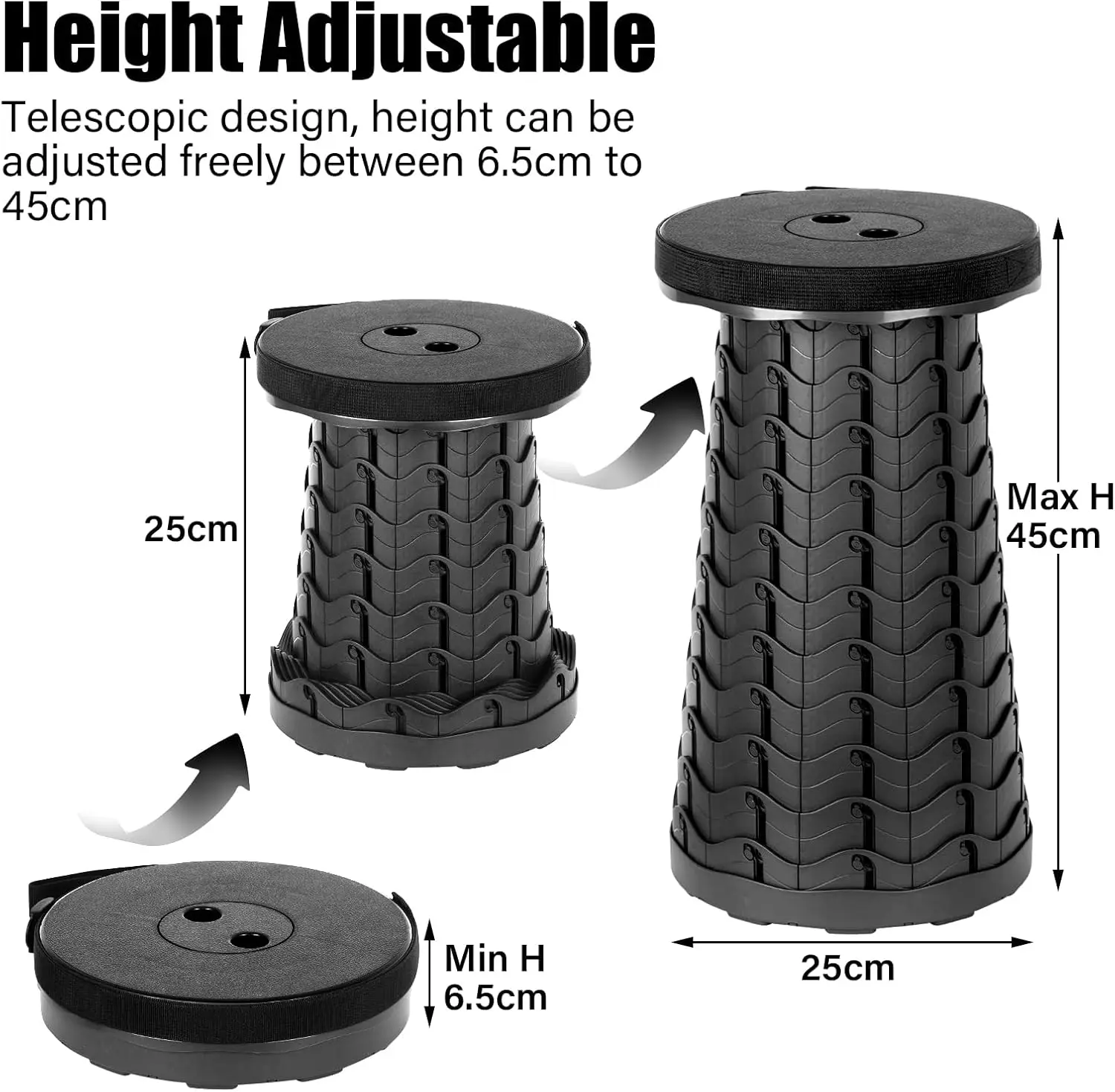 Adjustable Folding Stool 6.5-45cm Lightweight Portable for Outdoor Fishing BBQ Travel Supports 397lb/180kg