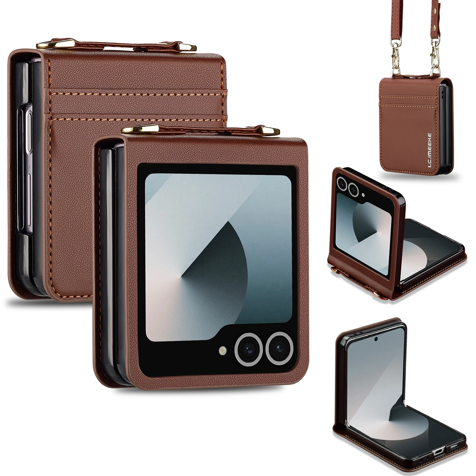 Elegant Leather Phone Case with Card Holder & Wrist Strap - Crossbody Lanyard Design