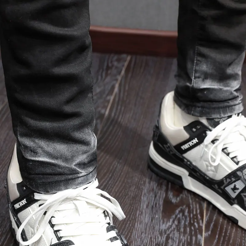 High Street Fashion Men Jeans Retro Black Gray Stretch Skinny Fit Ripped Jeans Men Color Gradation Designer Hip Hop Brand Pants