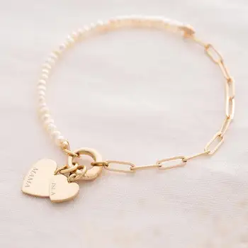 Pearl Bracelet Chain Carving Double Heart Personalised Bracelet Gift