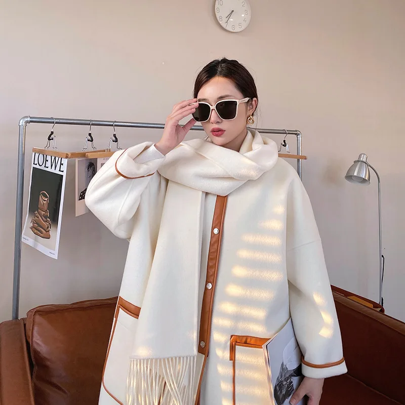 2023 autumn and winter new sheepskin bag edge scarf design double-sided cashmere long woolen coat female