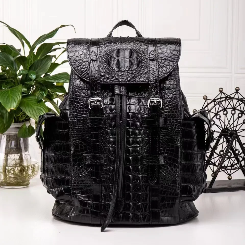 2024 New Brand Genuine Leather Crocodile Skin Men Backpacks Real Natural Leather Student Backpack Boy Luxury Computer Laptop Bag 2