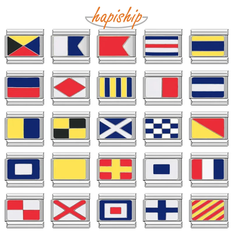 Hapiship moda Navy Ship signo marítimo internacional código bandera náutica encanto enlaces ajuste 9mm pulsera de acero inoxidable DJ391