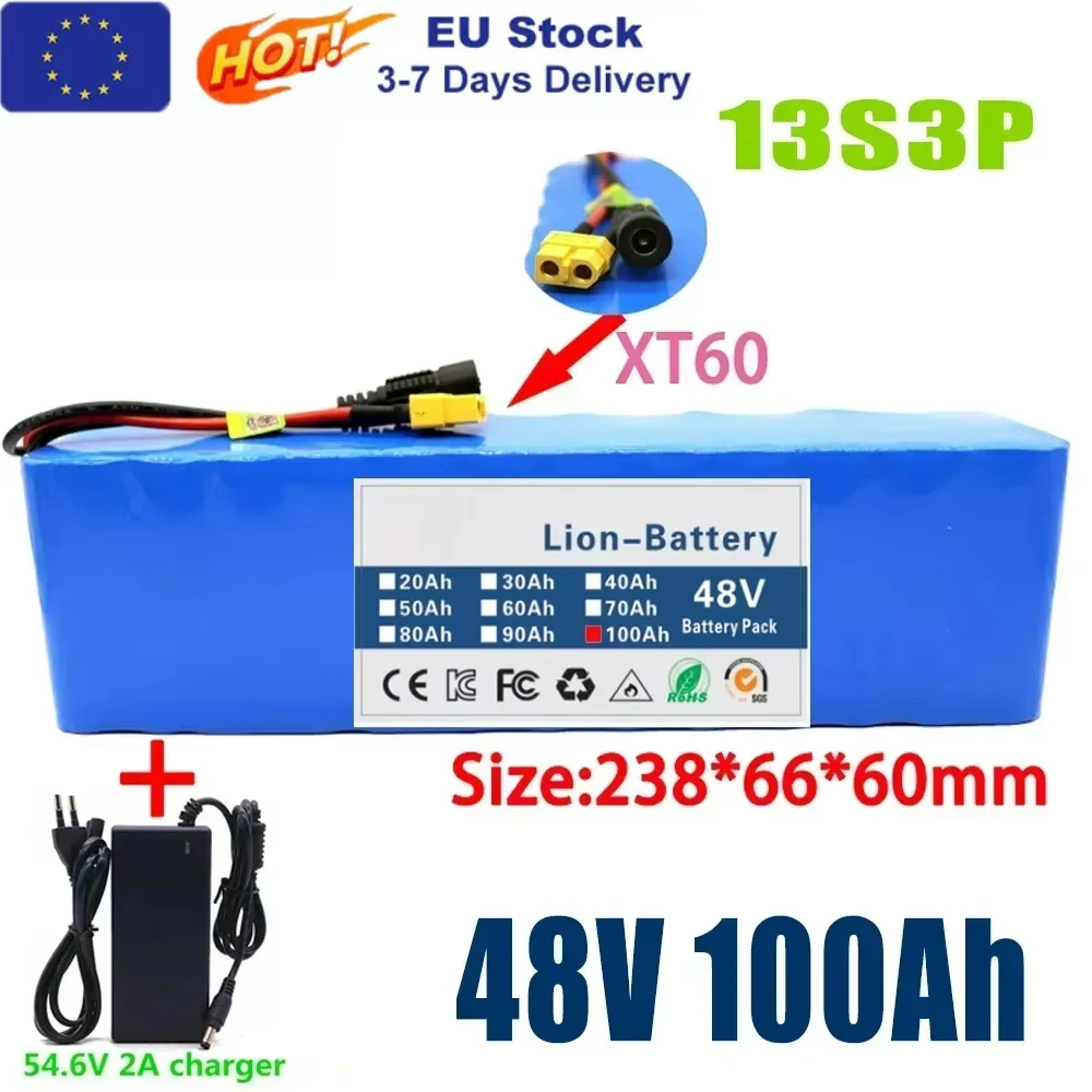 New 48V 100Ah 2000W 13S3P DC/T Lithium Ion Battery Pack Suitable for 48V motors with BMS+54.6V Charger