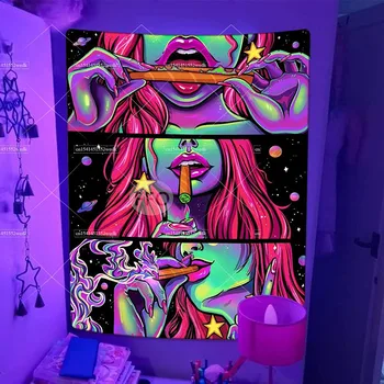 Tapisserie Trippy Girl Blacklight, tapis mural réactif aux UV, décoration de salon, tapisseries fumantes, couvertures de canapé esthétiques 1