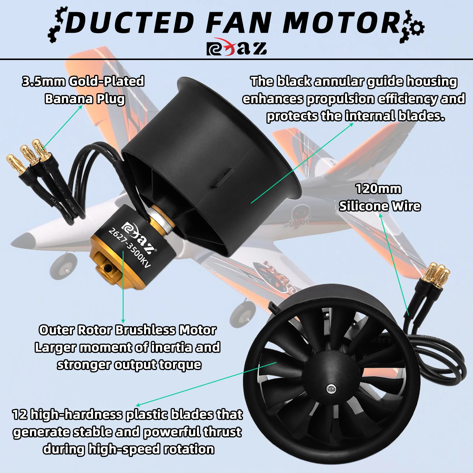 Angle du moteur brushless 50/64/70mm pour avion drone, détaillant les pales et la fixation