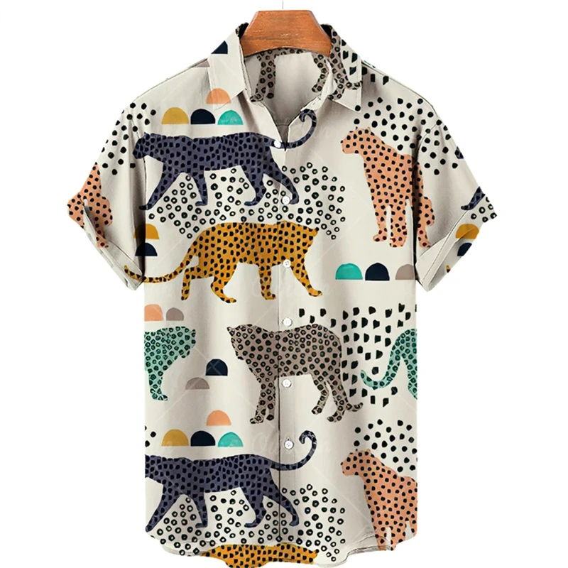 thumbnail image 1 of Camisas de verano con estampado de animales de dibujos animados para hombre, blusas casuales de gran tamaño de manga corta con estampado de leopardo, blusas de tendencia con solapa, 1 of 4