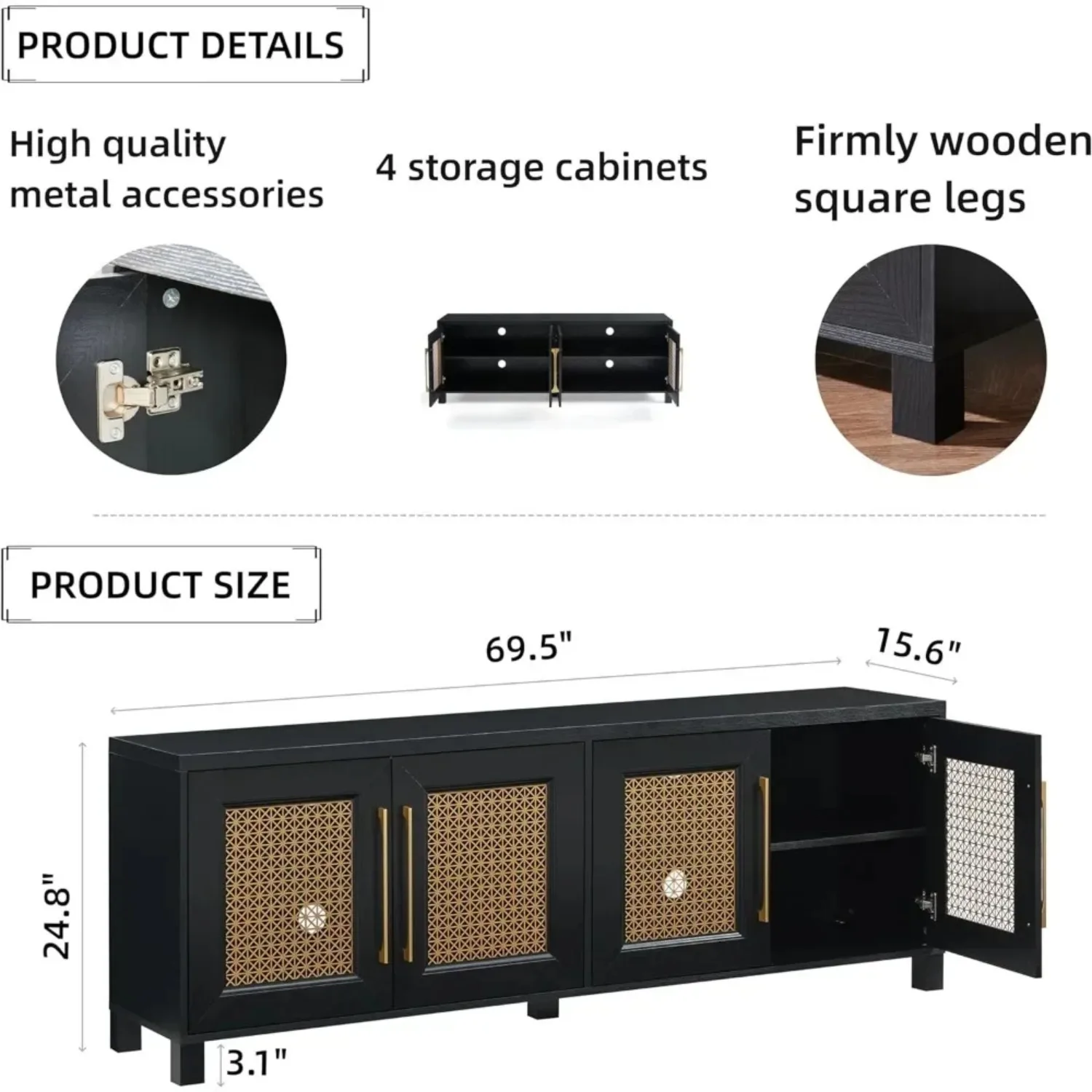 Mid Century Modern TV Stand for TVs up to 75" Gold Hollow Metal Mesh Decorated Boho TV Console with Storage Cabinets