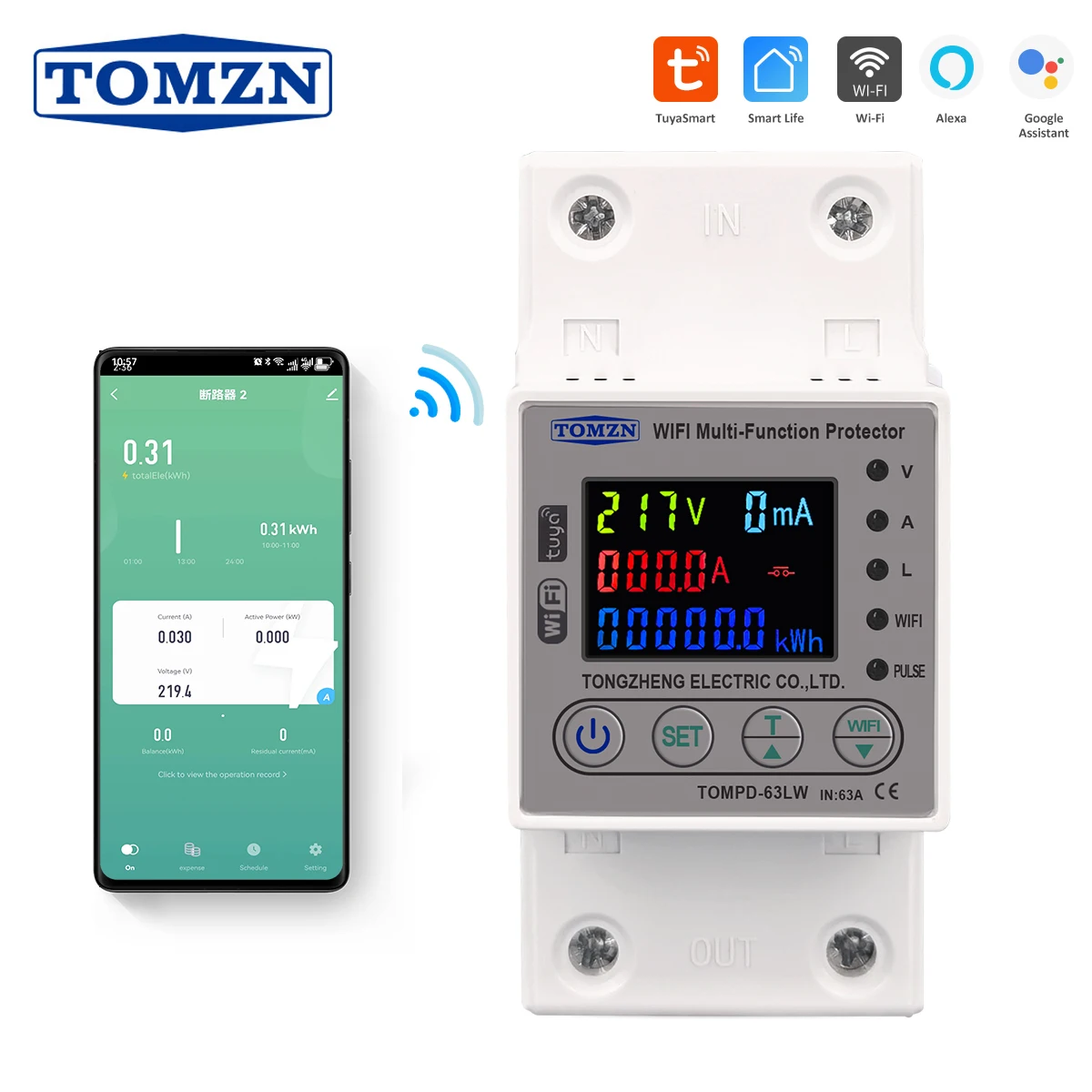 Medidor de Energia Inteligente Tuya Wifi Interruptor de Medição Kwh Temporizador com Corrente de Tensão e Proteção contra Vazamentos Disjuntor 63a 80a