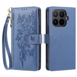 Luxury Leather Wallet Phone Case with Wrist Strap and Card Slots - Zipper Closure - XiaoMi 14 Ultra 5G (Dusty Blue)